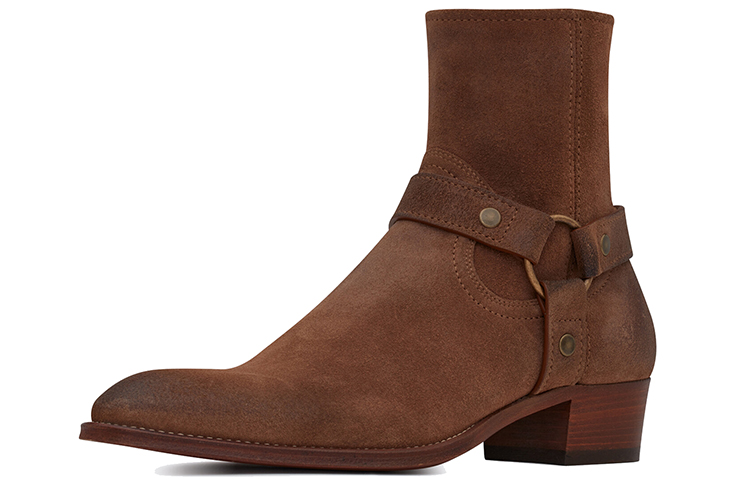 Lookbook 圣罗兰怀亚特复古棕色绒面马具靴 66928425T002749