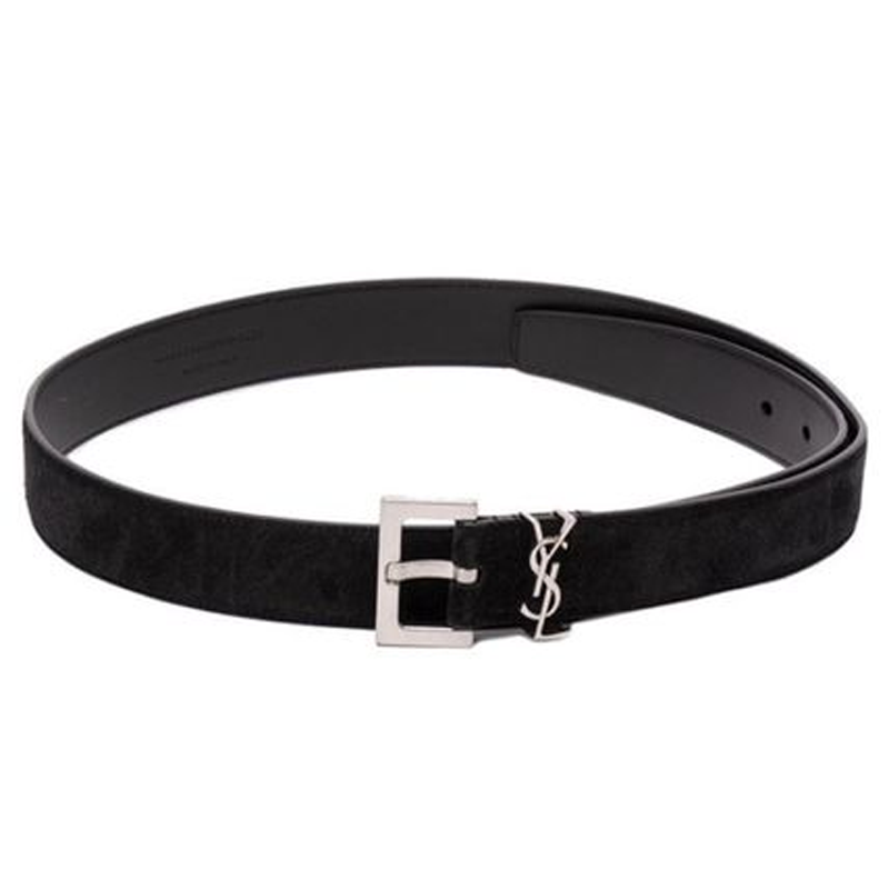 Saint Laurent YSL Logo Plaque Belt Men Black Silver Buckle 3cm Wide 634440C0X0E