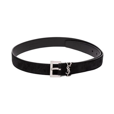 Saint Laurent YSL Logo Plaque Belt Men Black Silver Buckle 3cm Wide 634440C0X0E