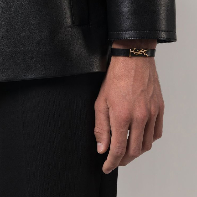 Details for 聖羅蘭YSL金屬標誌黑金小牛皮男女手鍊 7088150IH0J1000