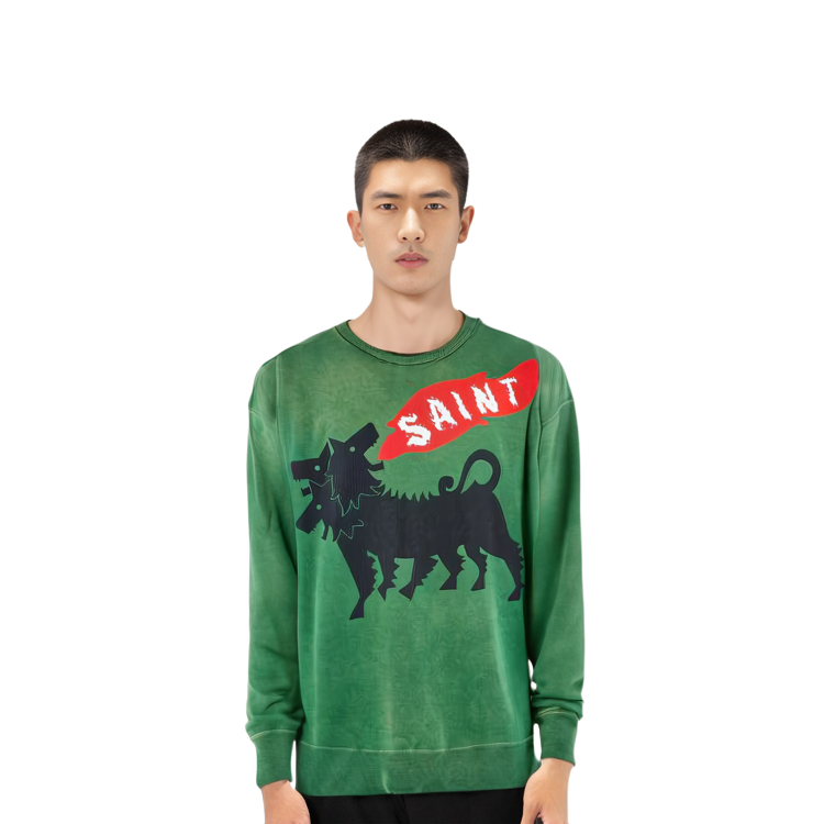 Shop SAINT Mxxxxxx Crewneck Pullover Lengan Panjang T-Shirt Corak Haiwan SM-A23-0000-021