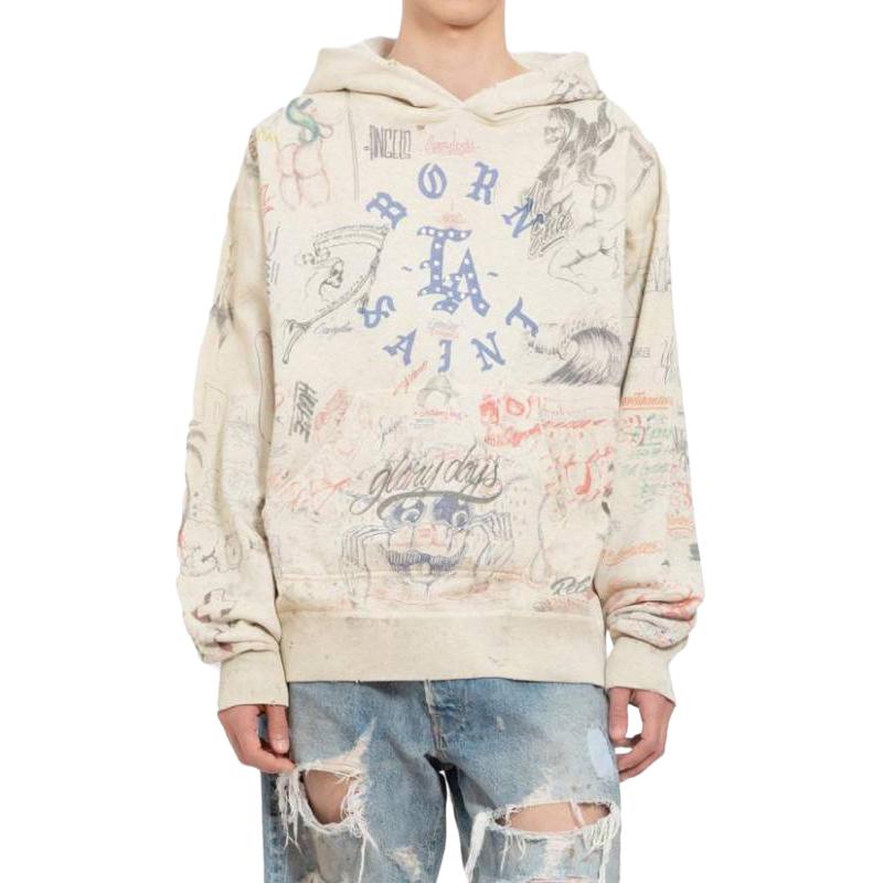 SAINT Mxxxxxx  White Pullover Hoodie with Drawstring and Long Sleeves. SMY680000C11