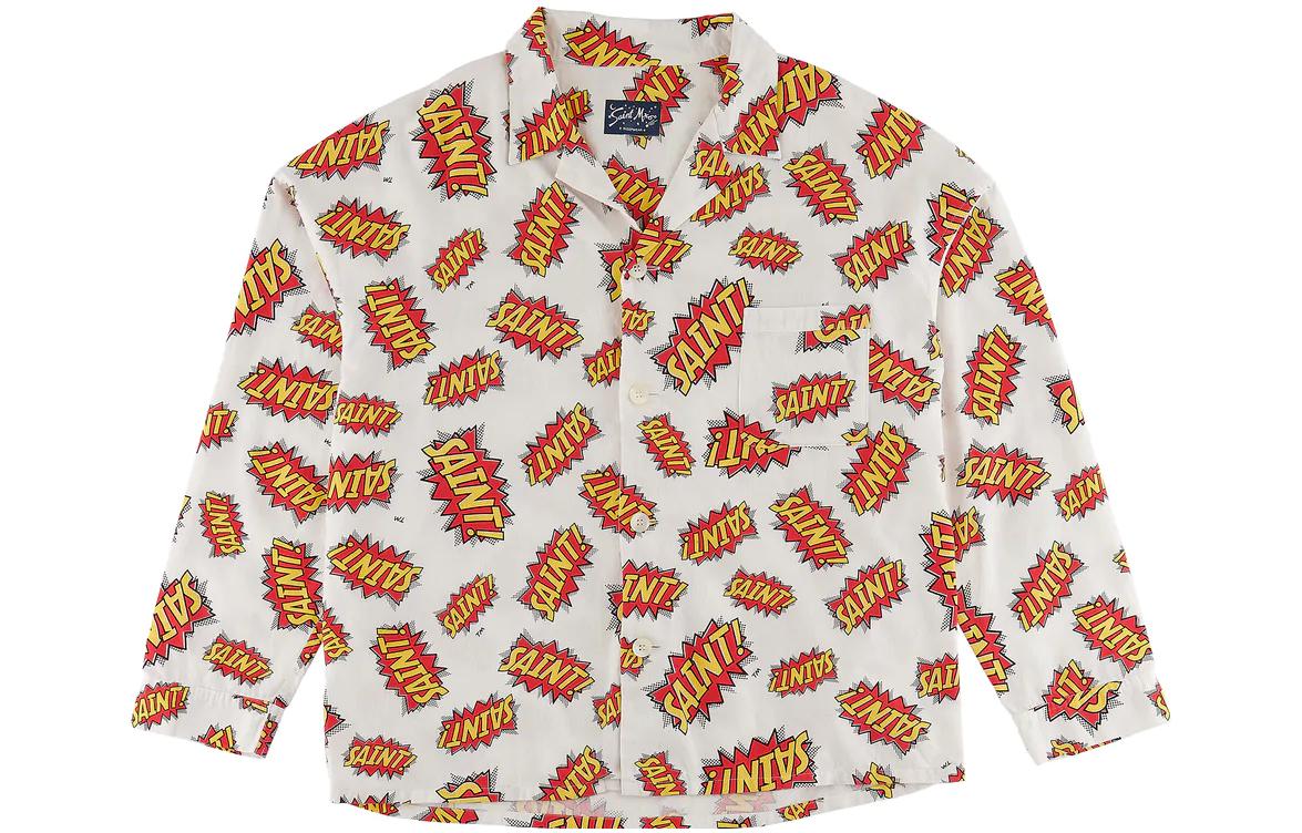 SAINT Mxxxxxx All-Over Print Casual Button-Up Long Sleeve Shirt White . SM-A22-0000-027