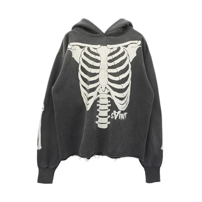SAINT Mxxxxxx Bone Print Hooded Sweatshirt Mens Black SM-A22-0000-080