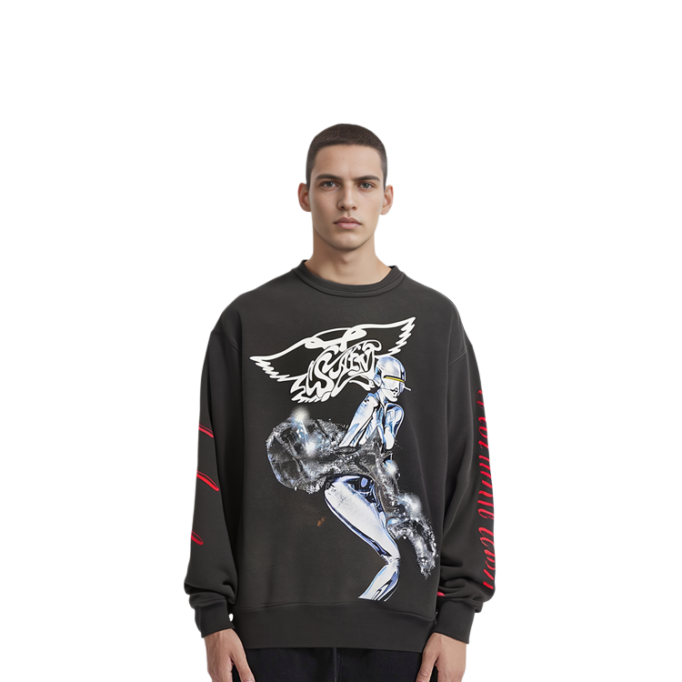 Shop SAINT Mxxxxxx 卡通印花圓領套頭衛衣 黑色 (). SM22S-074-01