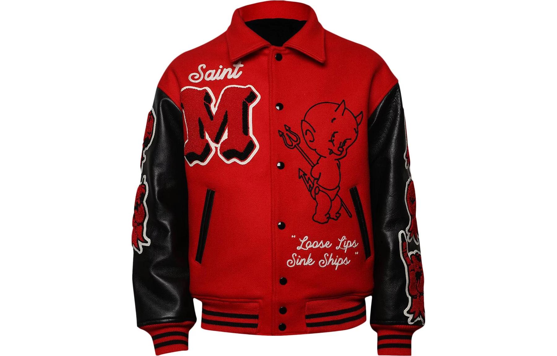 Order SAINT Mxxxxxx Jaket Merah Colorblock Cetak Huruf Kartun Kancing Depan. SM-A22-0000-035