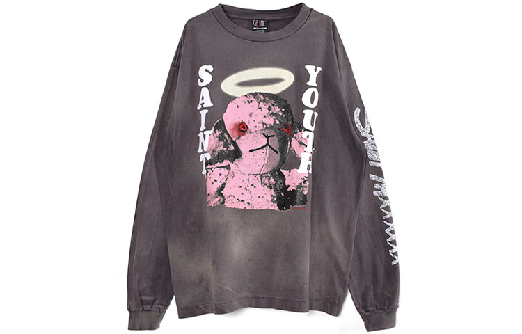 SAINT Mxxxxxx FW21 Logo Anime Print Tie-Dye Long Sleeve Tee Dark Grey . A21-0000-019