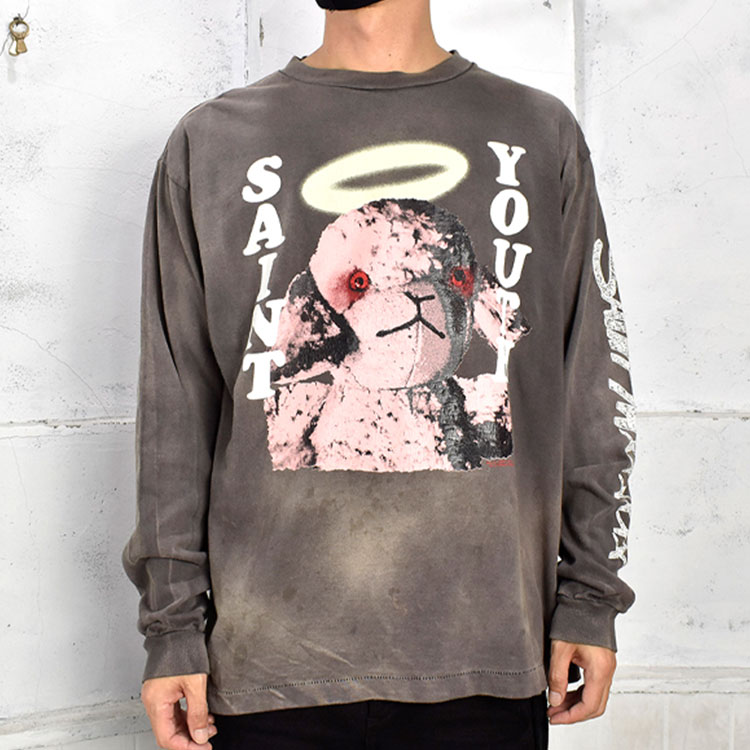 Shop SAINT Mxxxxxx FW21 Logo Anime Cetakan Tie-Dye Lengan Panjang Kelabu Gelap. A21-0000-019