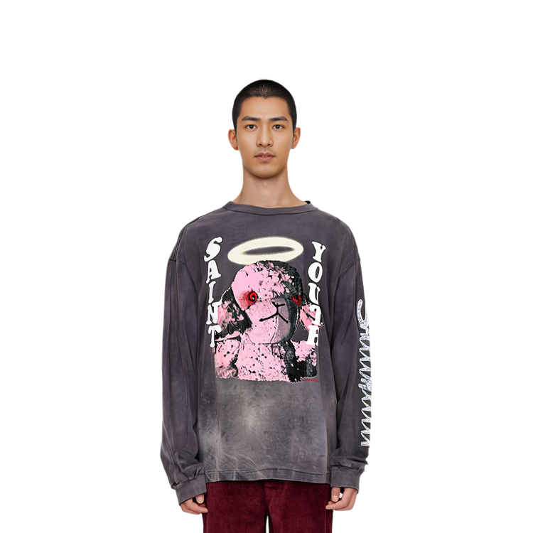 Details for SAINT Mxxxxxx FW21 Logo Anime Cetakan Tie-Dye Lengan Panjang Kelabu Gelap. A21-0000-019