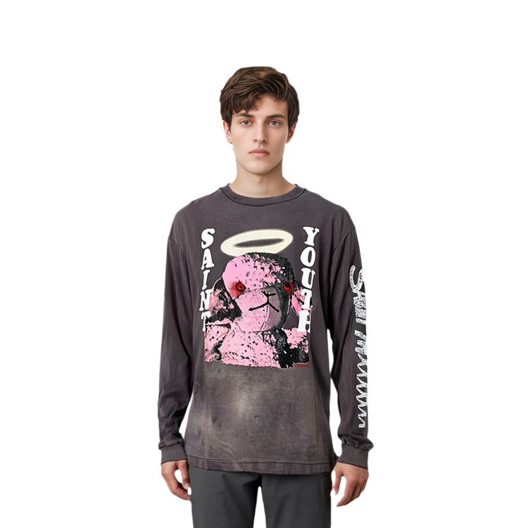 Sizing SAINT Mxxxxxx FW21 Logo Anime Cetakan Tie-Dye Lengan Panjang Kelabu Gelap. A21-0000-019