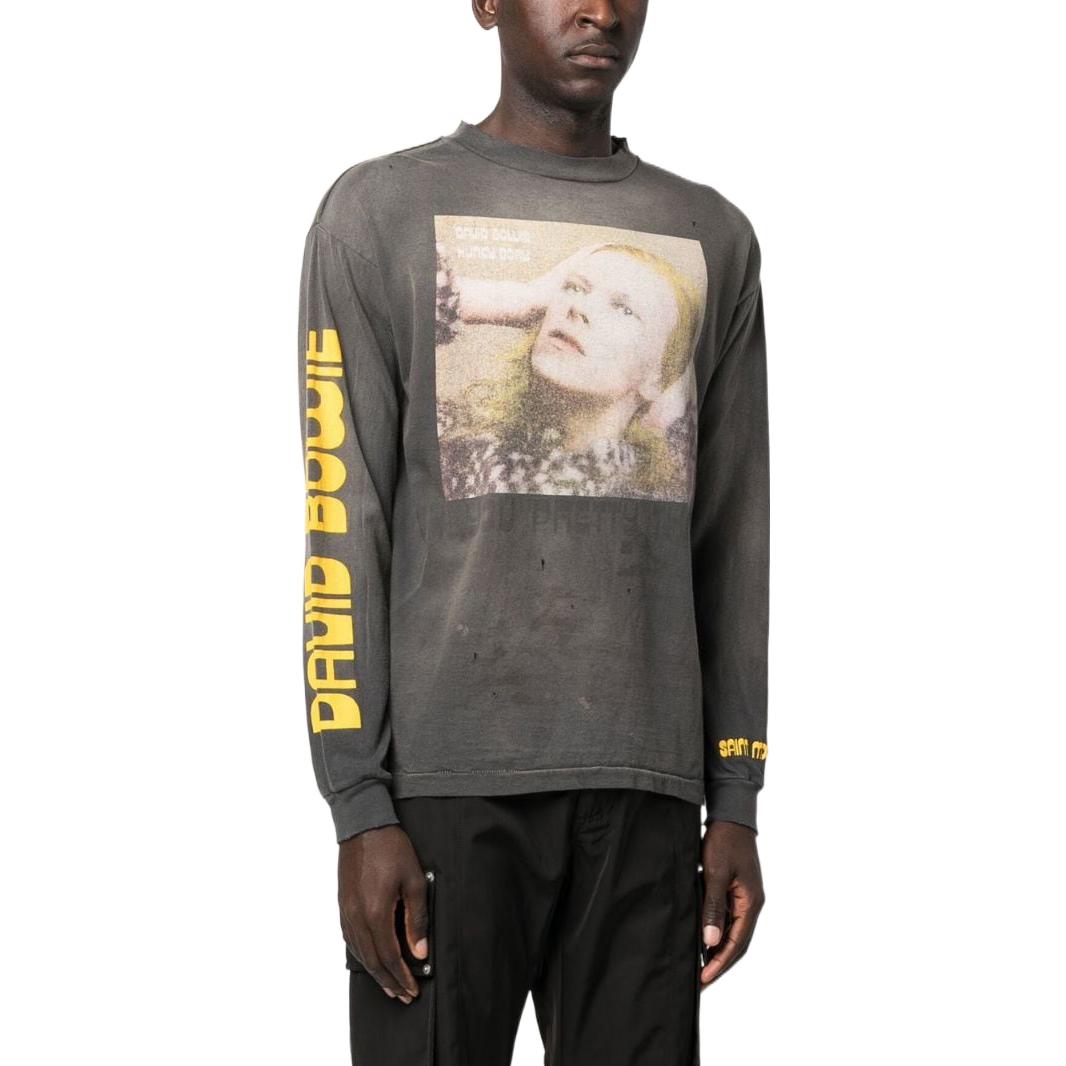 Shop SAINT Mxxxxxx FW22 灰色圖案印花長袖休閒T恤 SMA220000075BLK