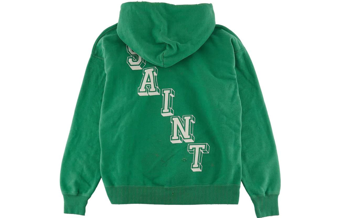 Lookbook SAINT Mxxxxxx FW22 綠色字母印花長袖連帽衫。 SM-A22-0000-023