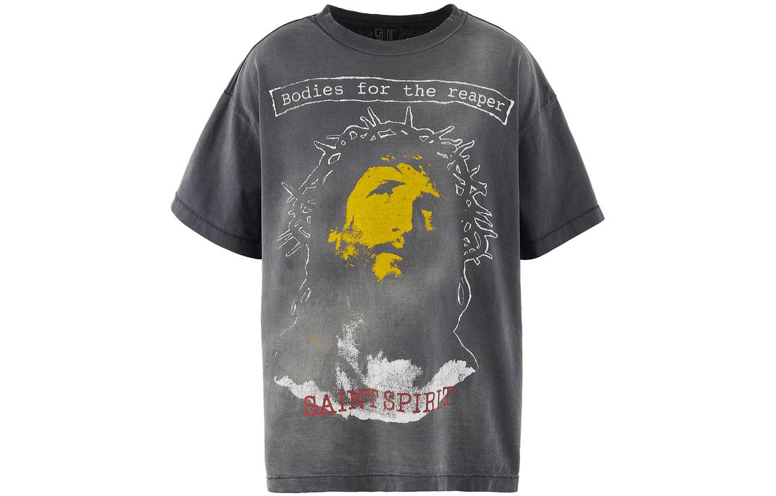 Order SAINT Mxxxxxx FW23 抽象印花寬鬆版型灰色男女同款短袖上衣 sm-a23-0000-002