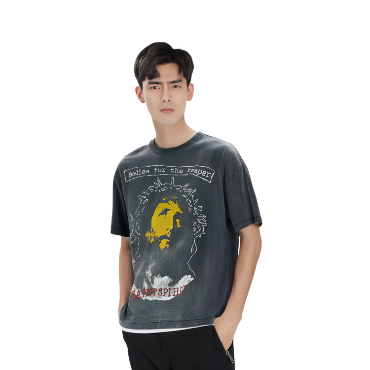 Shop SAINT Mxxxxxx FW23 抽象印花寬鬆版型灰色男女同款短袖上衣 sm-a23-0000-002