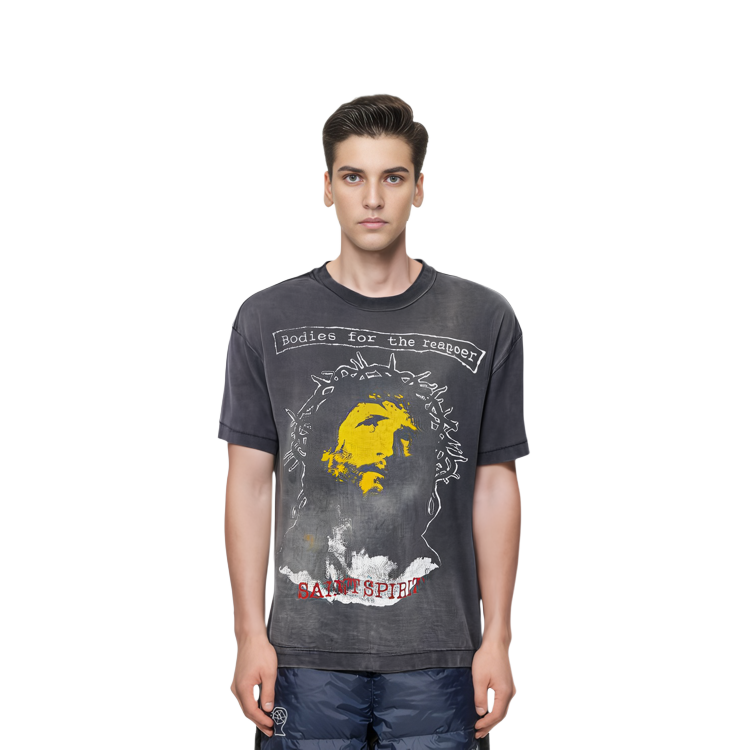 Purchase SAINT Mxxxxxx FW23 抽象印花寬鬆版型灰色男女同款短袖上衣 sm-a23-0000-002