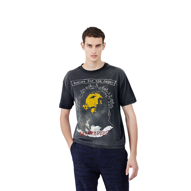 Details for SAINT Mxxxxxx FW23 抽象印花寬鬆版型灰色男女同款短袖上衣 sm-a23-0000-002