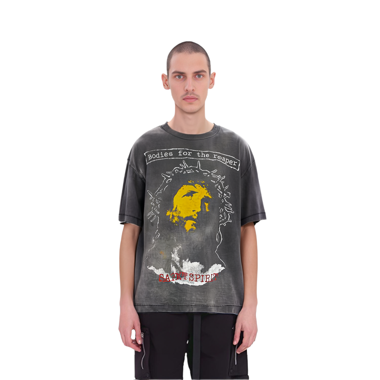 Sizing SAINT Mxxxxxx FW23 抽象印花寬鬆版型灰色男女同款短袖上衣 sm-a23-0000-002