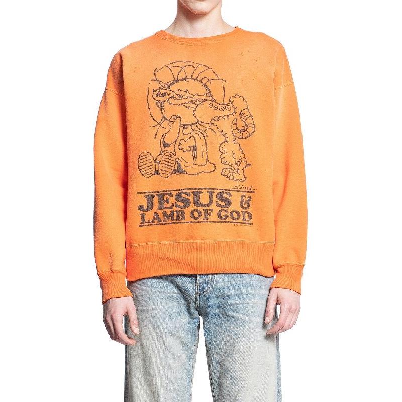 SAINT Mxxxxxx Graphic Print Crewneck Pullover Sweatshirt Men’s Orange SM-Y68-0000-028