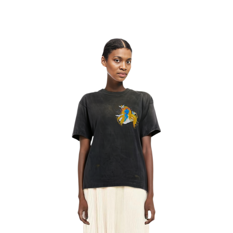 Shop SAINT Mxxxxxx圖案印花做舊寬鬆版男女同款T恤灰色。 SM-S23-0000-013