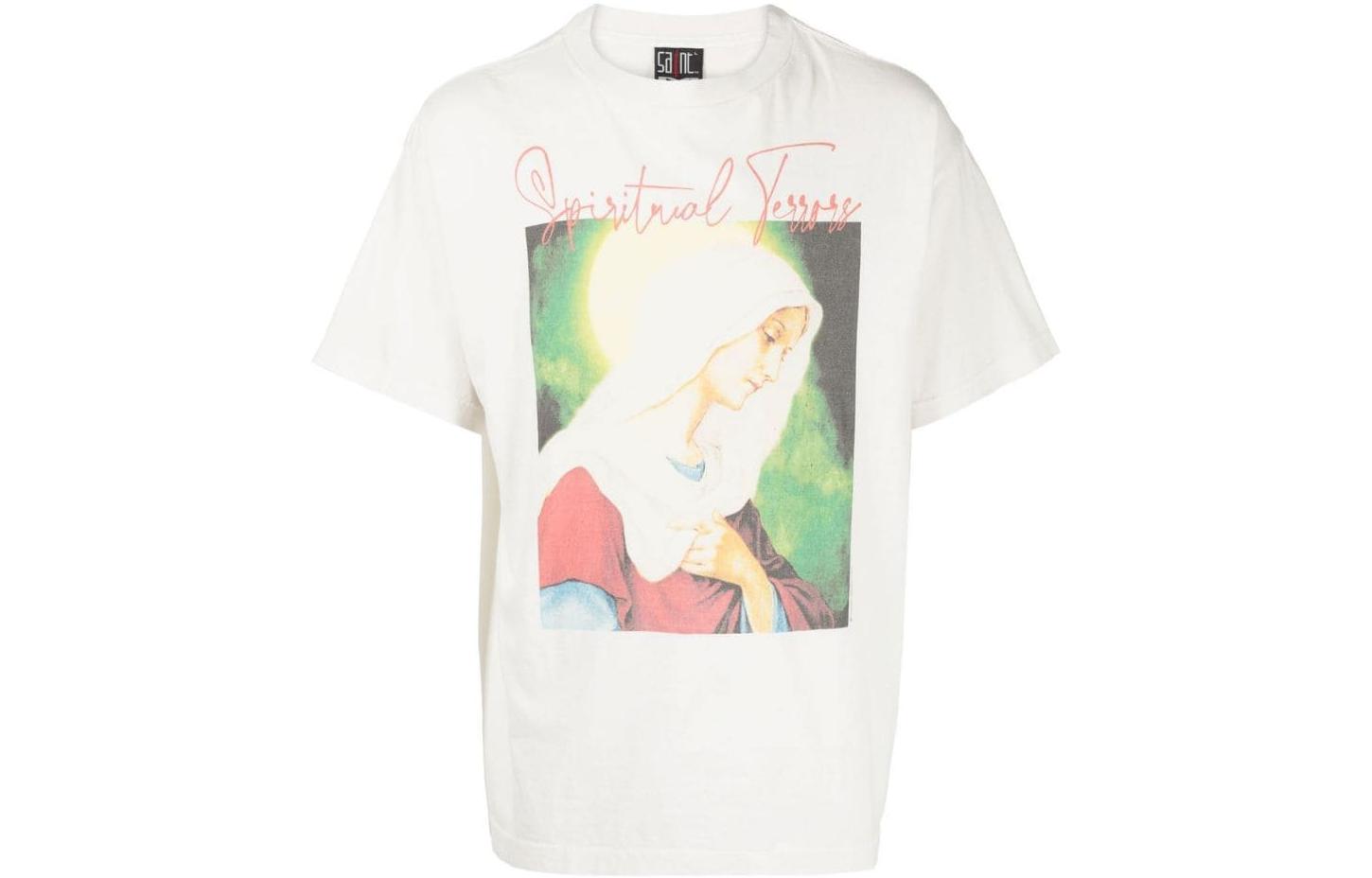 SAINT Mxxxxxx Letter Graphic Print Crew Neck Short Sleeve T-Shirt Beige Mens. SM-A22-0000-008