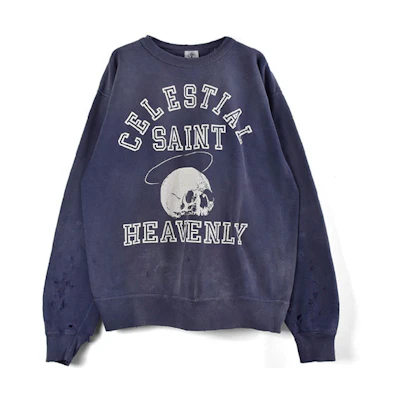 SAINT Mxxxxxx Logo Skull Print Crewneck Sweatshirt Navy Blue (). 21AW-100000000007679-NVY