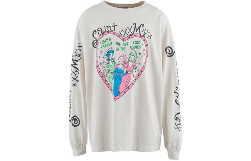 SAINT Mxxxxxx SS24 Heart Print Crewneck Long Sleeve T-Shirt Unisex White SM--YS8-0000-020