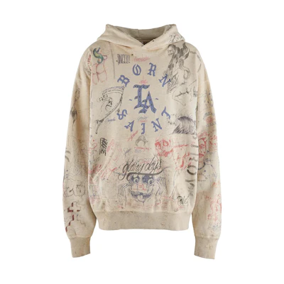 SAINT Mxxxxxx Born Raised SS24 Graffiti Washed Hoodie Unisex Khaki. SM-YS3-0000-c11