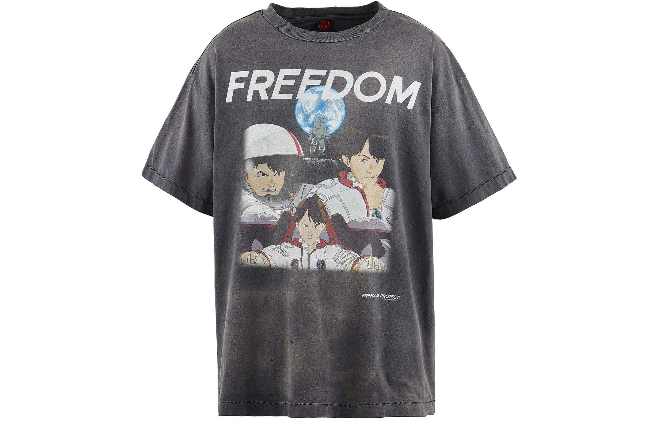 SAINT Mxxxxxx x FREEDOM SS24 Cartoon Print Unisex Black Crewneck T-Shirt. SM-YS8-0000-C19