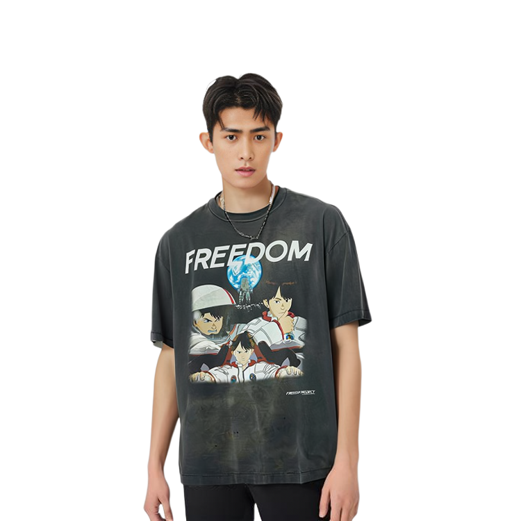 Shop SAINT Mxxxxxx x FREEDOM SS24 卡通印花男女黑色圓領T恤. SM-YS8-0000-C19