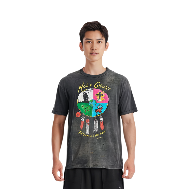 Shop SAINT Mxxxxxx x LASTMAN SS24 羽毛卡通印花黑色男女短袖T恤 SM-YS8-0000-C43