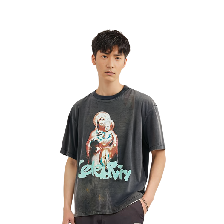 Shop SAINT Mxxxxxx x SHERMER ACADEMY SS24灰色短袖圖案T恤男款 SM-YS8-0000-C39