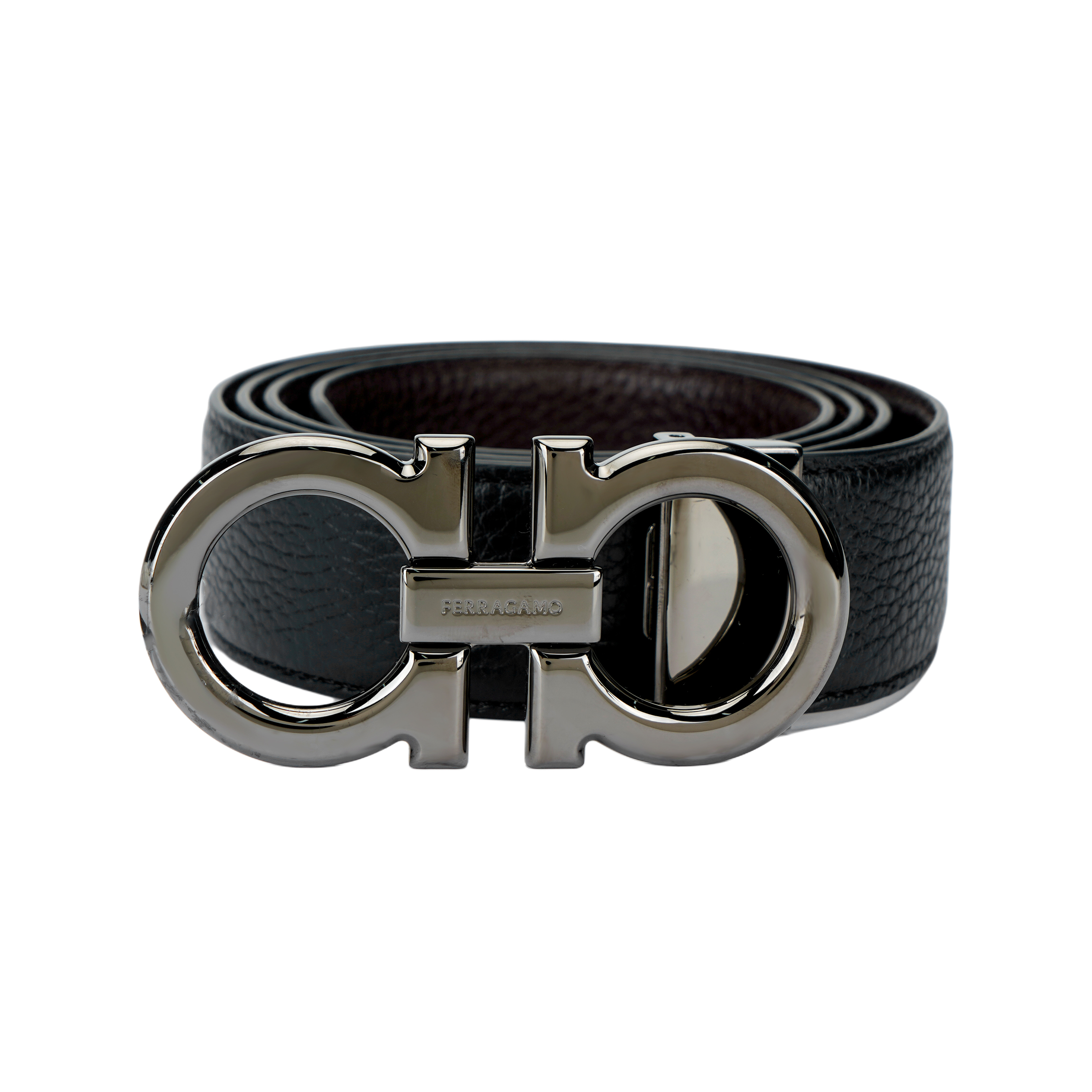 Salvatore Ferragamo  Black Leather Reversible Belt with Smooth Buckle. 679710689134NEROHICKORY