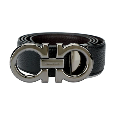 Salvatore Ferragamo Black Leather Reversible Belt with Smooth Buckle. 679710689134NEROHICKORY