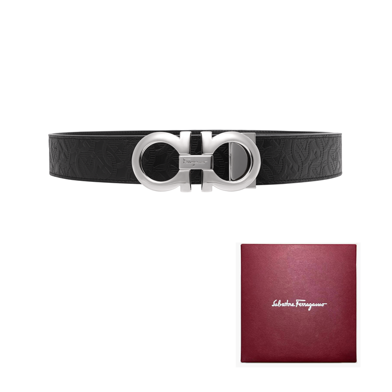 Sizing Salvatore Ferragamo 黑色 Gancini 雙面皮帶 3.5公分 675542-724127