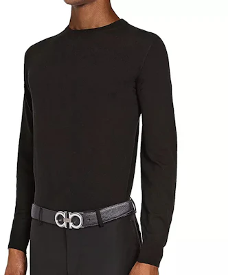 Salvatore Ferragamo Black Textured Leather Silver Buckle Gancini Belt 3.5cm 67A254-734227 Details for Salvatore Ferragamo Black Textured Leather Silver Buckle Gancini Belt 3.5cm 67A254-734227