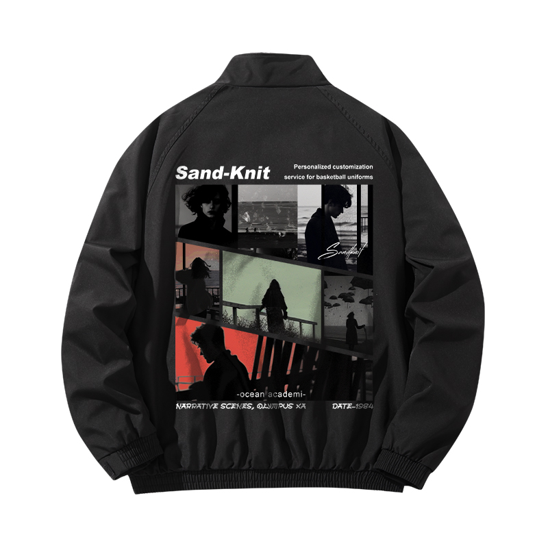SandKnit Letter Logo Print Casual Loose Stand Collar Jacket Unisex. YX-233527