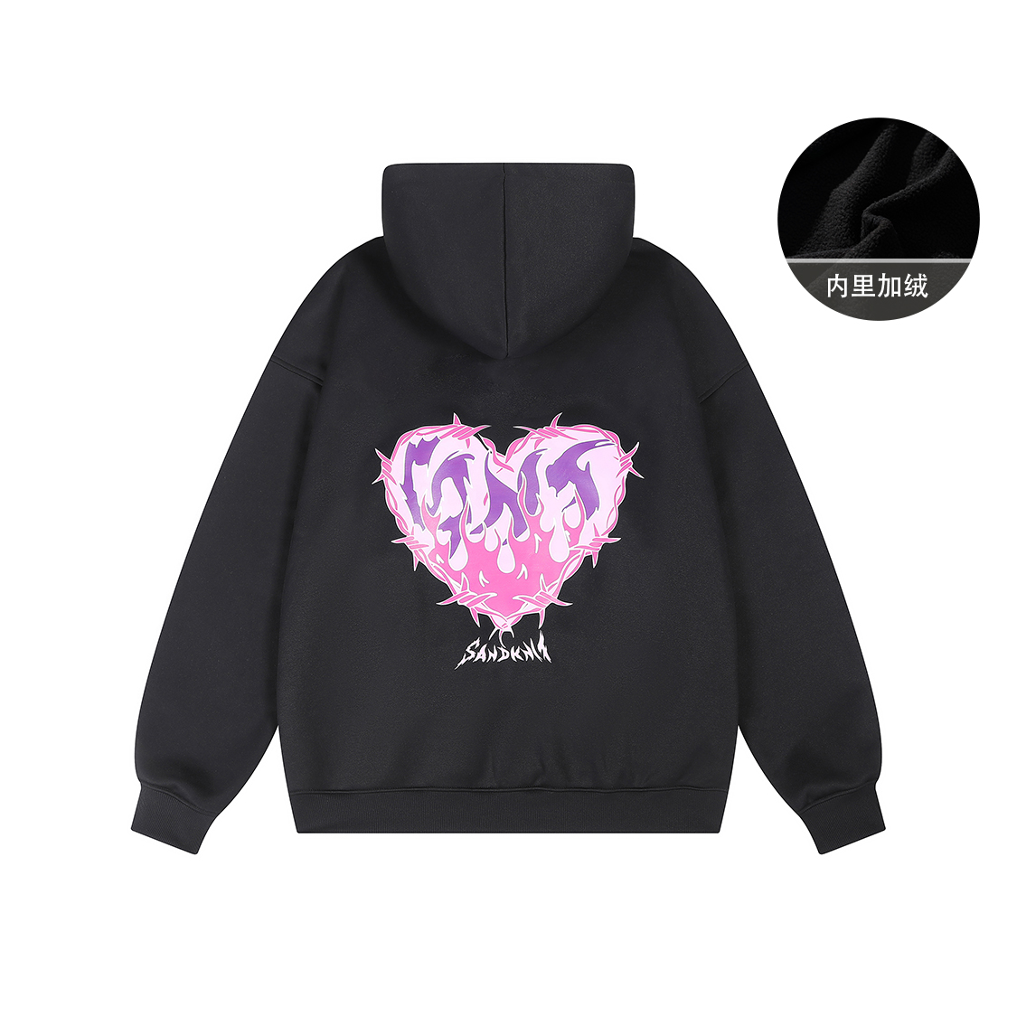 SandKnit Pink Flame Heart Logo Print Oversized Fleece Hoodie Cardigan Unisex. YX-1820YH628