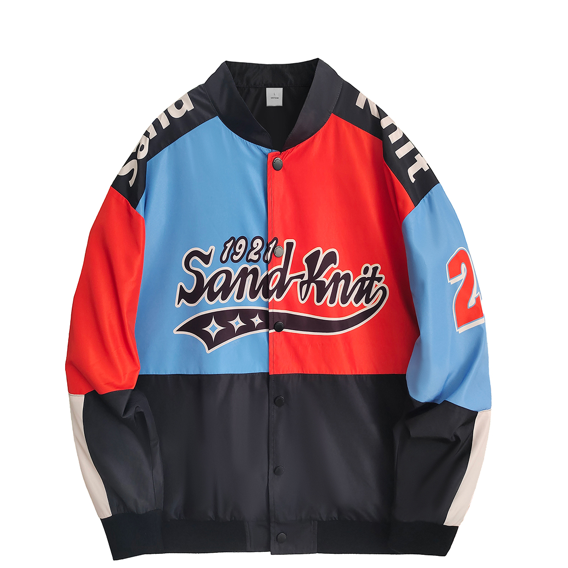 SandKnit Red Blue Logo Print Casual Unisex Varsity Jacket Red Blue YX-JB233349