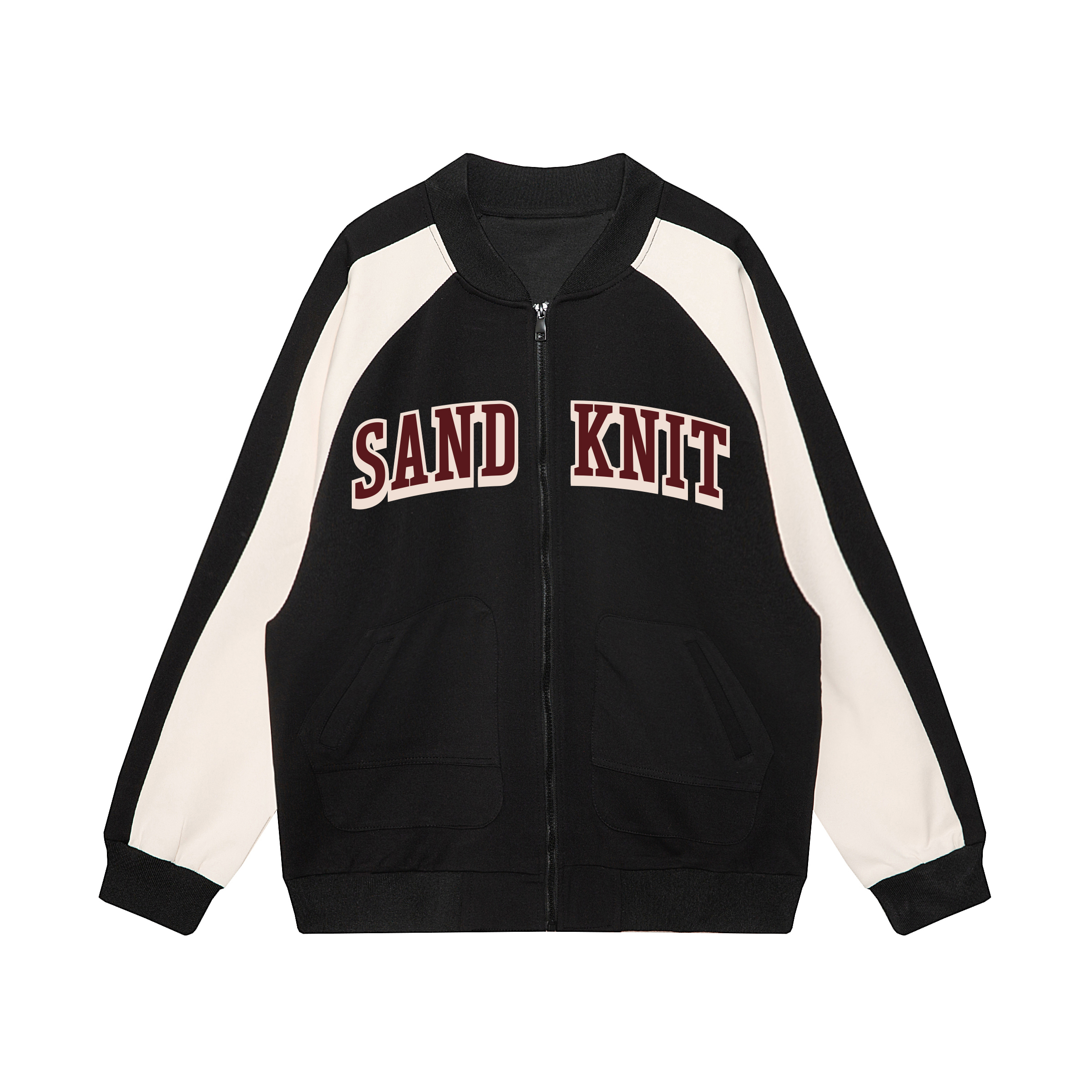 SandKnit Retro Color Block Letter Print Casual Loose Zip Jacket Unisex YX-233495