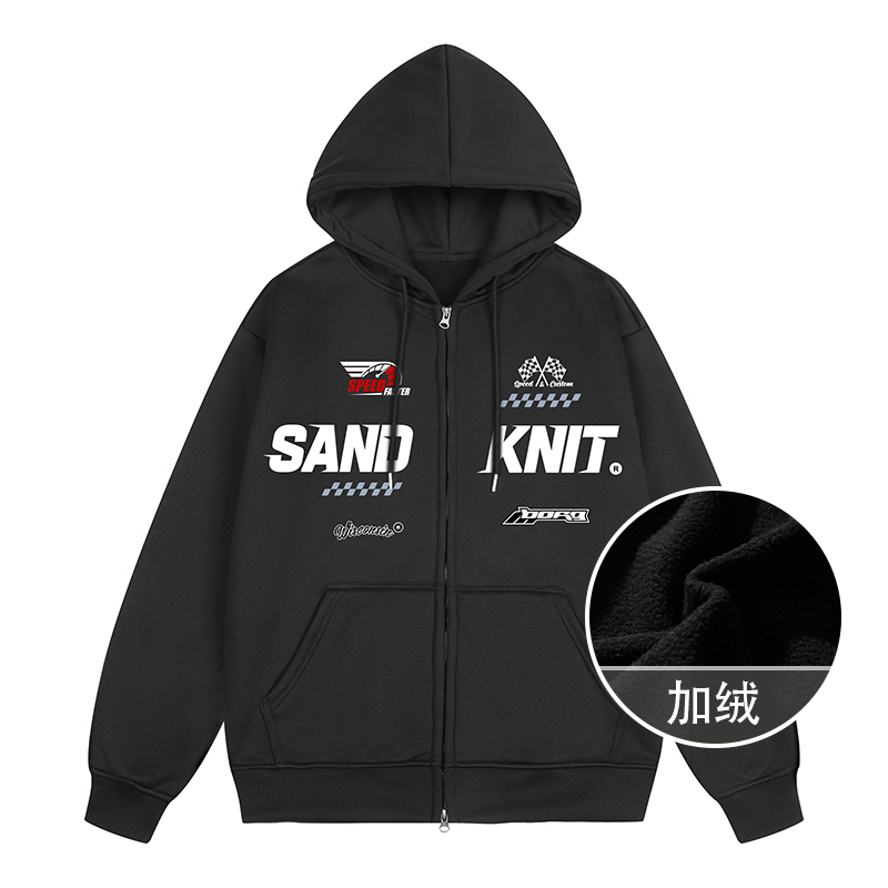 SandKnit Retro Racing Letter Print Zip-Up Hoodie Unisex YX-233383