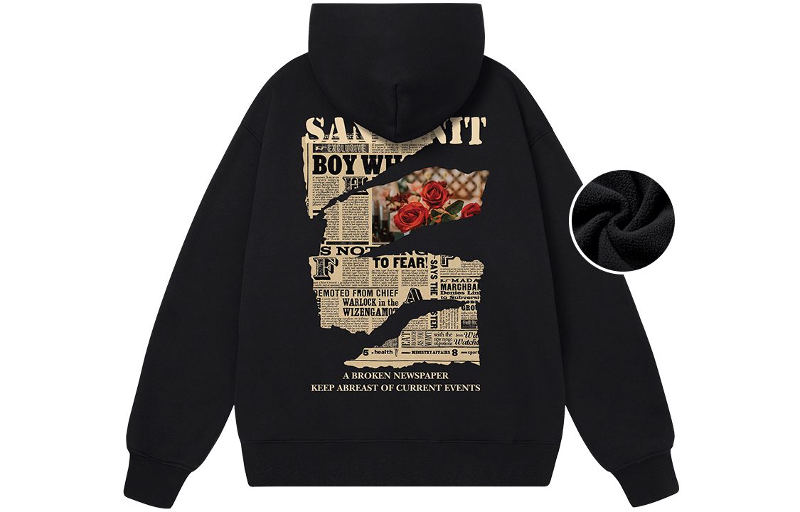 SandKnit Retro Rose 5.0 Newspaper Print Oversized Fleece Hoodie Unisex WW034013