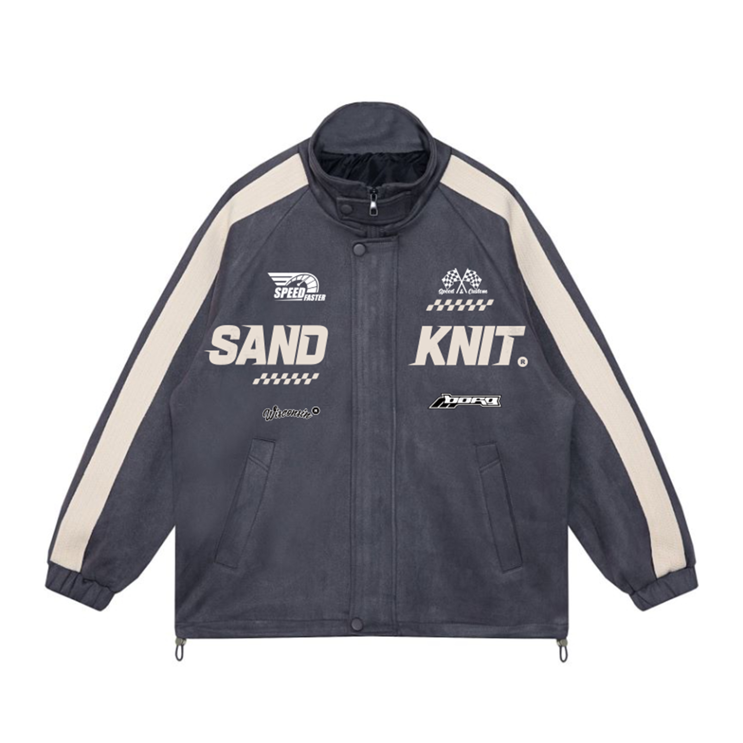 SandKnit Suede Retro Racing Logo Jacket Unisex Loose-fit High Collar Top YX-233456