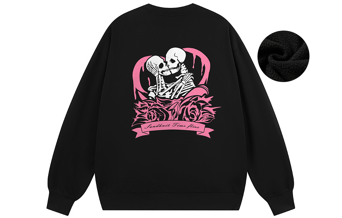 SandKnit Unisex Rose Heart Skull Logo Print Loose Fit Fleece Crewneck Sweatshirt WW034333