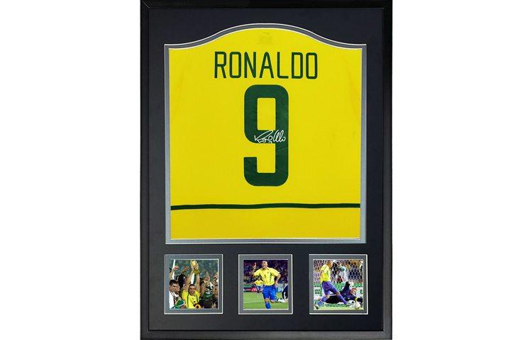 Sanwei 2002 World Cup Ronaldo Signed Brazil Jersey with Frame & SA Certificate SW24Q1629