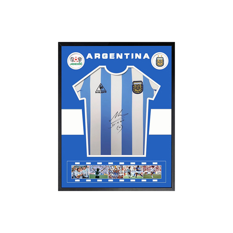 Sanwei Diego Maradona Signed 1986 World Cup Argentina Jersey with SA Certificate Framed 7103596