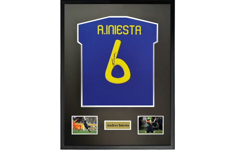 Sanwei Iniesta Signed Spain Away Jersey 2010 World Cup Champions Framed with COA. SW24Q2013