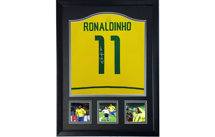 Buy Sanwei Ronaldinho Signed Brazil 2002 World Cup Jersey with SA Certificate Framed SW24Q2028