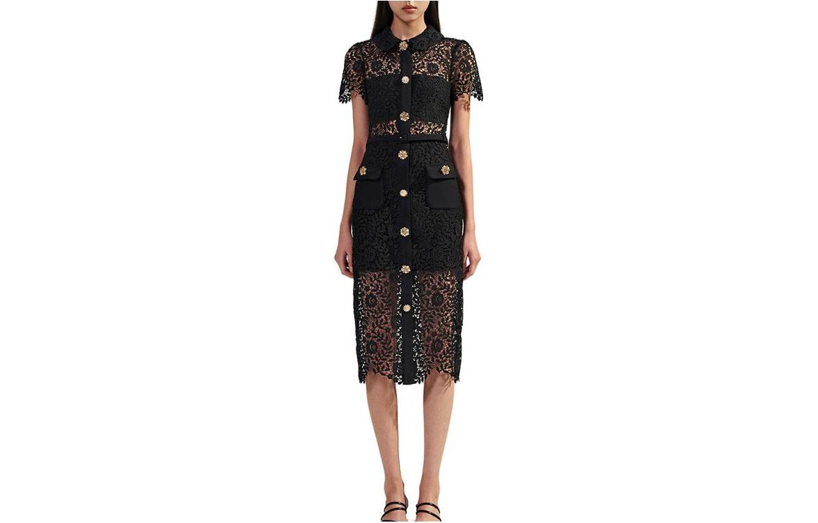 Self-Portrait Black Lace Midi Dress with Doll Collar and Cinched Waist. SWF342Y19200 圖 2