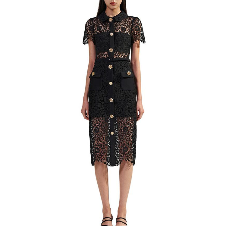Self-Portrait Black Lace Midi Dress with Doll Collar and Cinched Waist. SWF342Y19200 圖 5