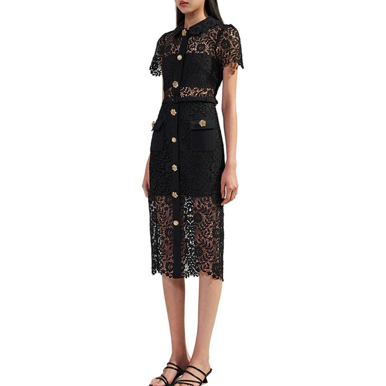 Self-Portrait Black Lace Midi Dress with Doll Collar and Cinched Waist. SWF342Y19200 圖 7